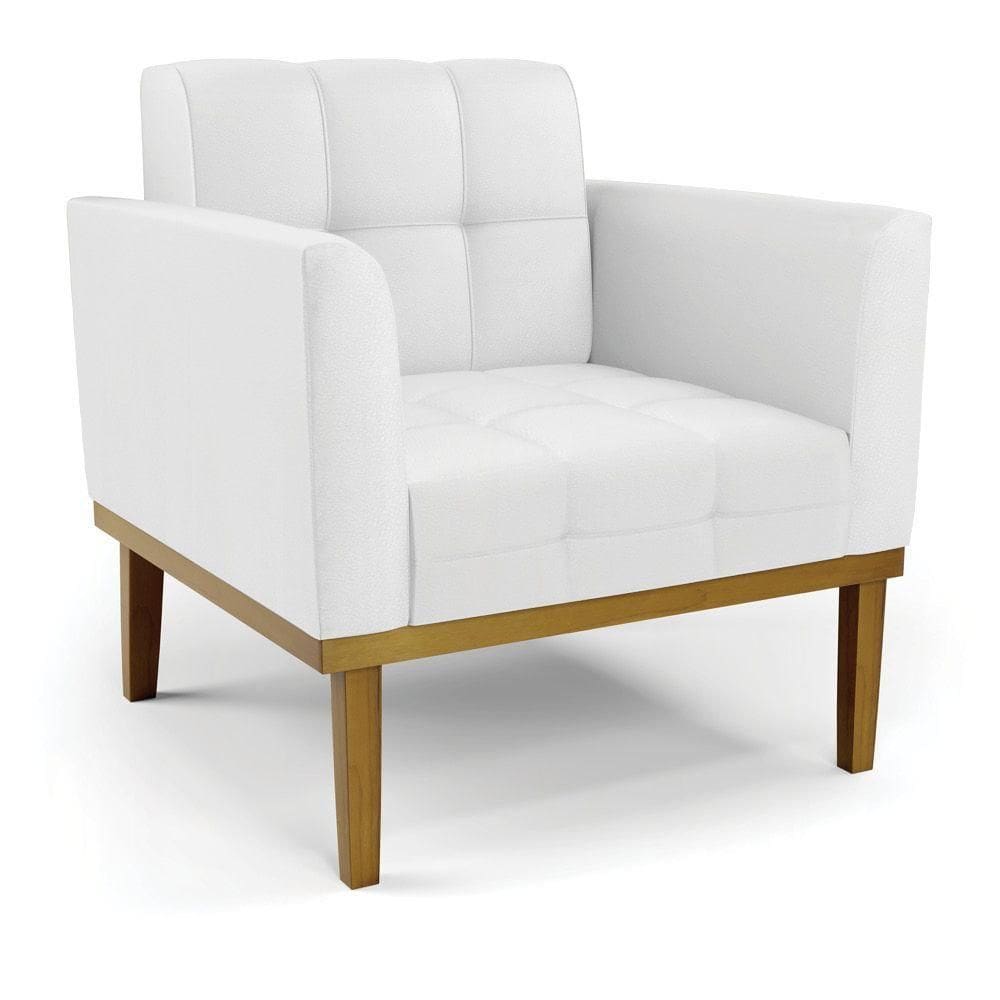 Poltrona Decorativa Pés Fixo Em Madeira Castanho Pu Branco