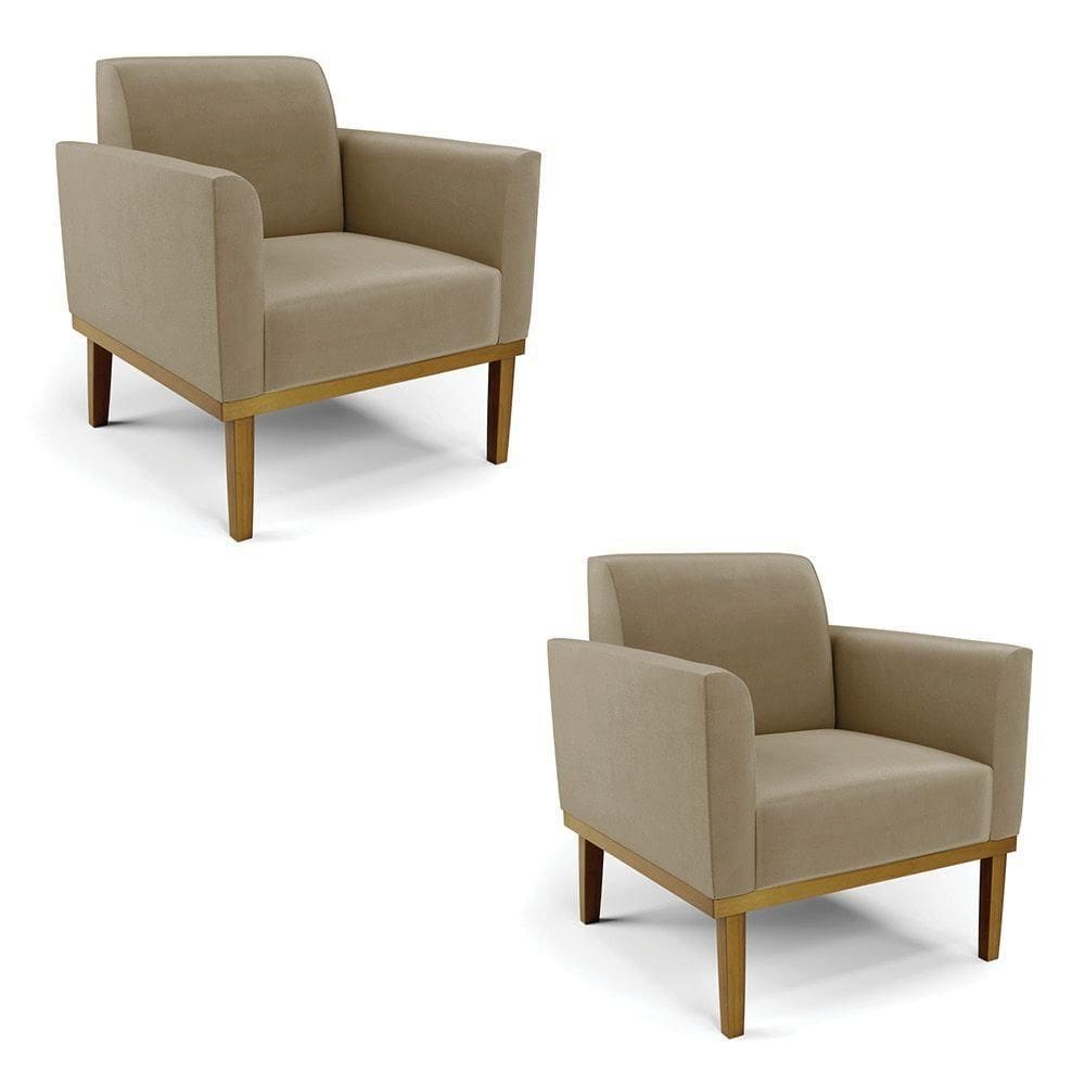 Kit 2 Poltronas Decorativas Pés Fixo Em Madeira Castanho Suede Nude