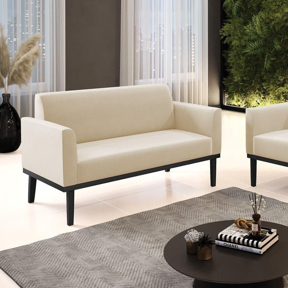 Poltrona Namoradeira Decorativa Pés Fixo Em Madeira Preto Suede Bege