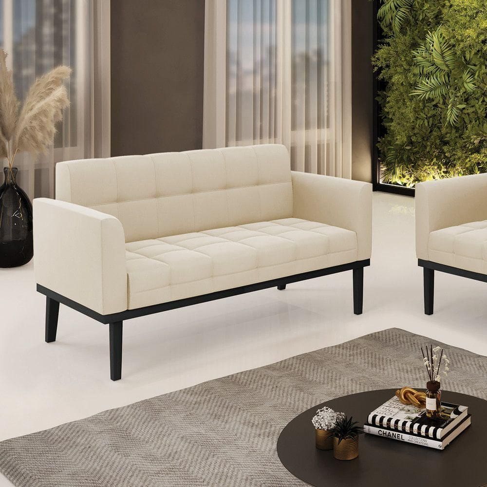 Poltrona Namoradeira Decorativa Pés Fixo Em Madeira Preto Suede Bege