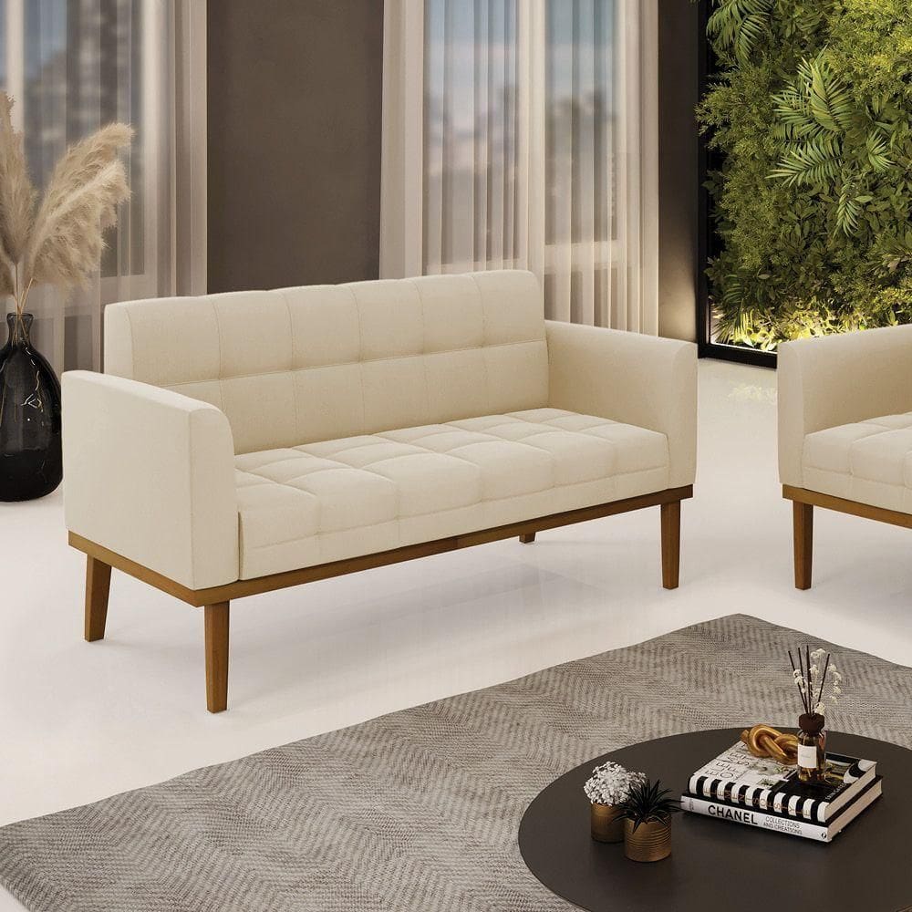Poltrona Namoradeira Decorativa Pés Fixo Em Madeira Castanho Suede Bege