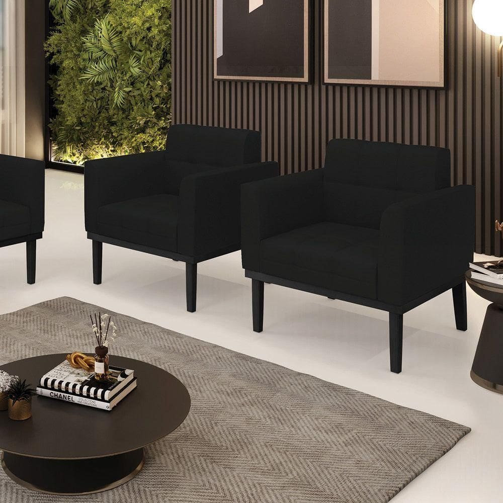 Kit 2 Poltronas Decorativas Pés Fixo Em Madeira Preto Linho Preto