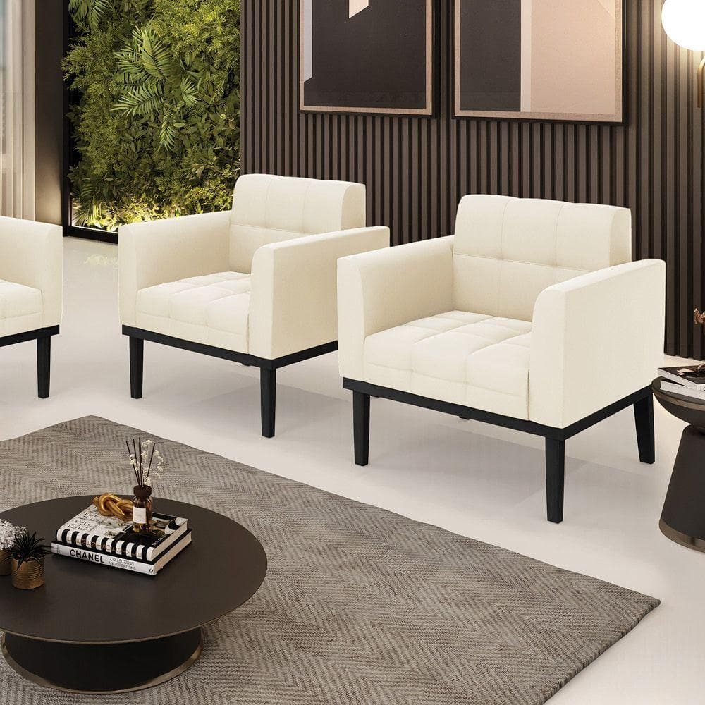 Kit 2 Poltronas Decorativas Pés Fixo Em Madeira Preto Veludo Bege