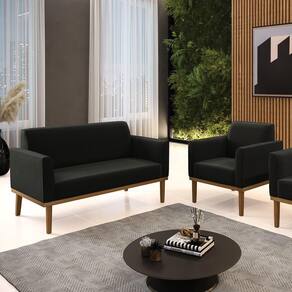 Conjunto Poltrona E Namoradeira Decorativa Pés Fixo Em Madeira Castanho Suede Preto