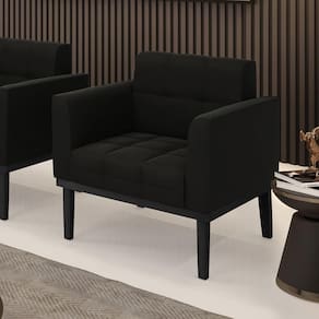 Poltrona Decorativa Pés Fixo Em Madeira Preto Suede Preto