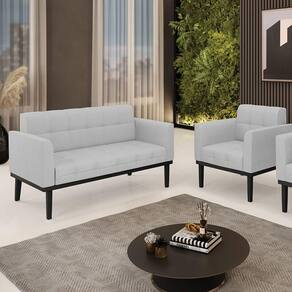 Conjunto Poltrona E Namoradeira Decorativa Pés Fixo Em Madeira Preto Linho Cinza