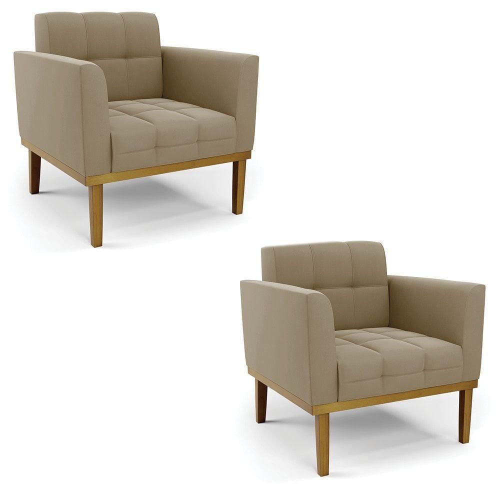 Kit 2 Poltronas Decorativas Pés Fixo Em Madeira Castanho Suede Nude