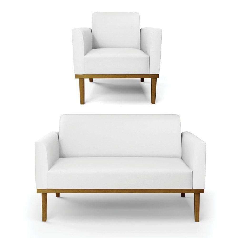 Conjunto Poltrona E Namoradeira Decorativa Pés Fixo Em Madeira Castanho Pu Branco