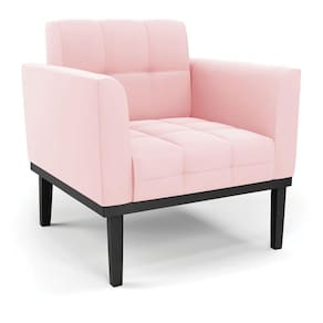 Poltrona Decorativa Pés Fixo Em Madeira Preto Suede Rosa Bebê