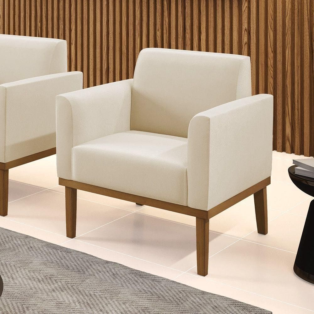 Poltrona Decorativa Pés Fixo Em Madeira Castanho Suede Bege