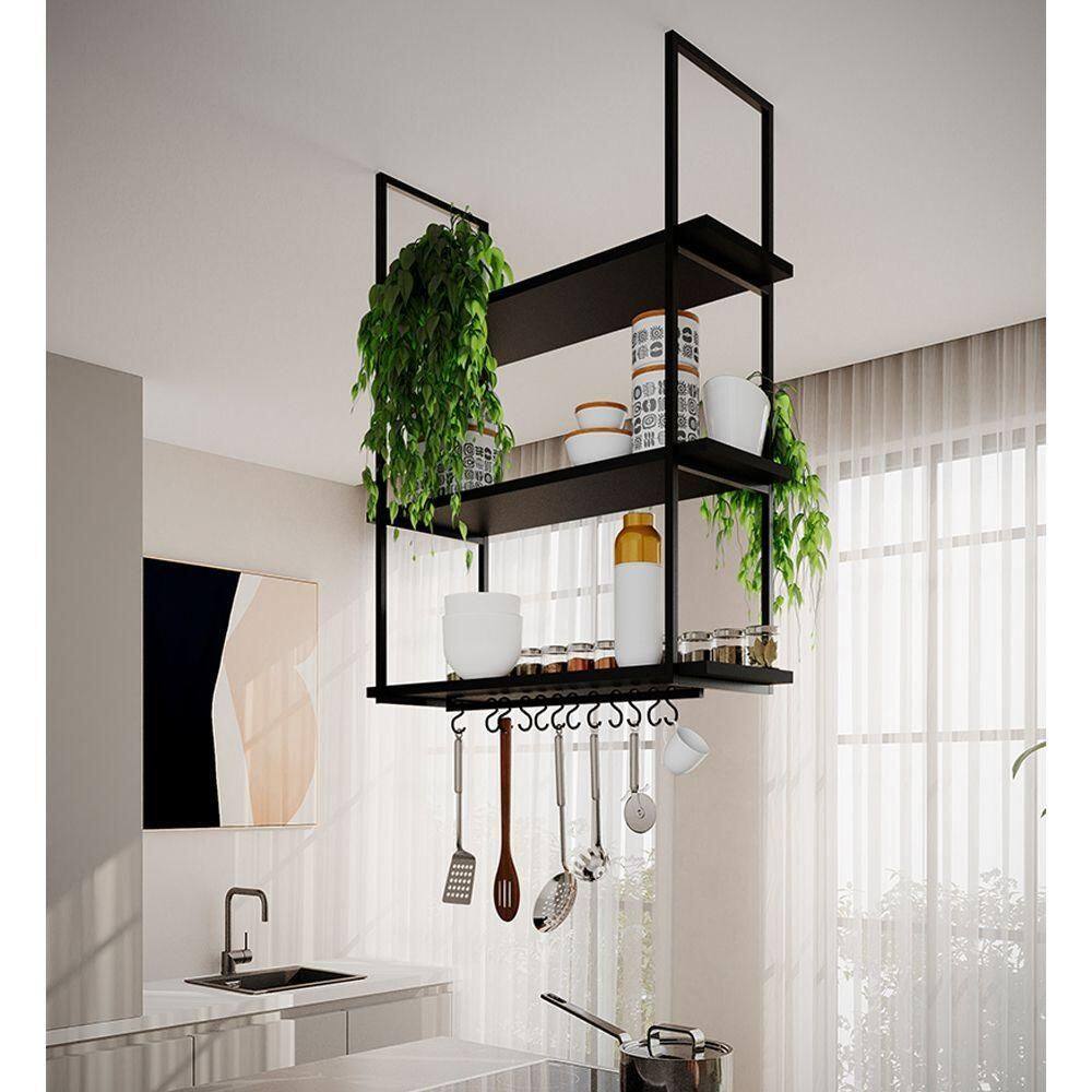 Prateleira Estilo Industrial Suspensa Teto Cozinha Nicho Denver 80Cm - Preto - Preto