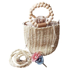 Bolsa Saco Bucket Palha Forrada Alça Destacável Fechamento Amarrar + Prendedor Cabelo Chique