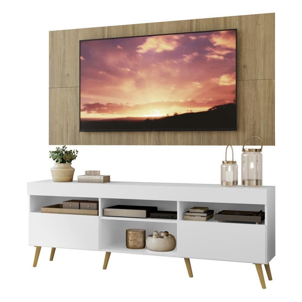 Rack Com Painel Tv 65" Retrô Londres Multimóveis V3337 Rustic/Branco/Natural Rustic/Branco/Natural