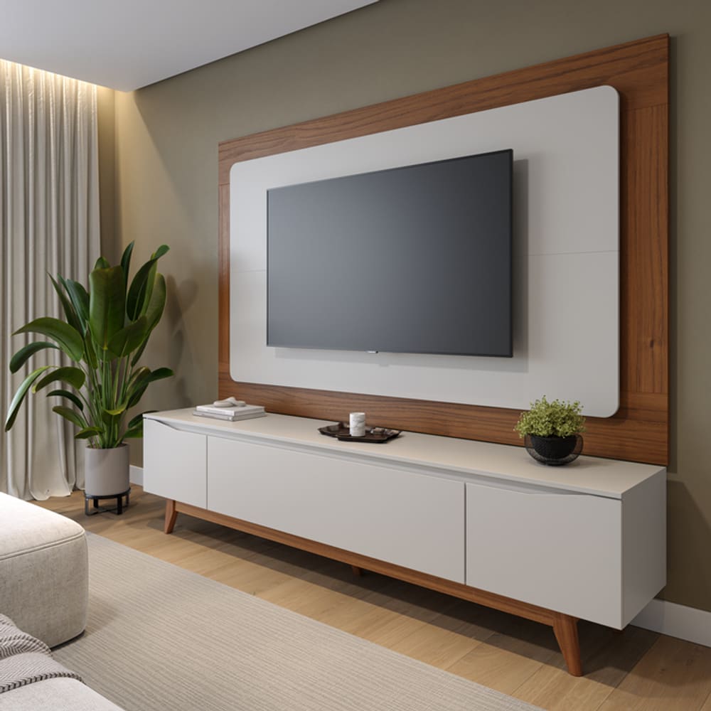 Rack com Painel para Tv até 75 Polegadas 180cm Flynt Oslo Off White Fosco/Canella