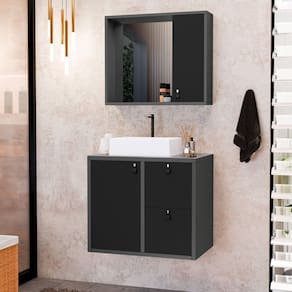 Conjunto Gabinete para Banheiro com Cuba Sobrepor e Espelheira Toro 60 Cm com Vidro Grafite / Preto