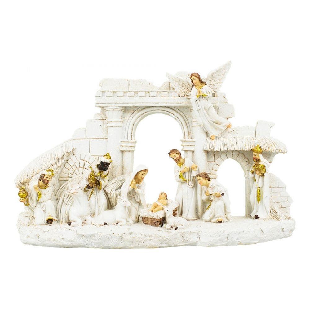 Presépio Compacto Resina Branco Natalino Natal - 18x29cm