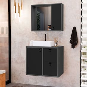 Conjunto Gabinete para Banheiro com Cuba Sobrepor e Espelheira Toro 60 Cm Grafite / Preto