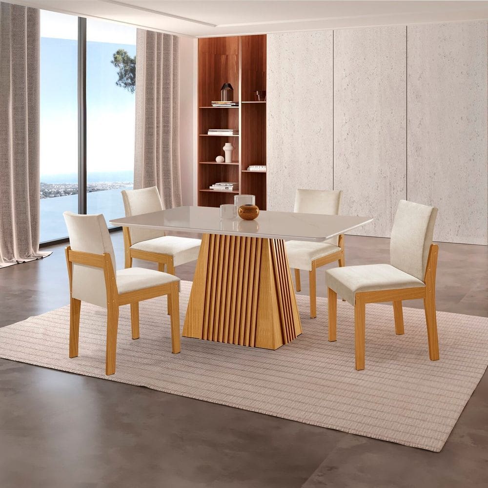 Conjunto de Jantar Mesa Áustria 120cm X 80cm Tampo Mdf/vidro com 4 Cadeiras Mônaco Yescasa Castanho Cinamomo/Creme/Off White