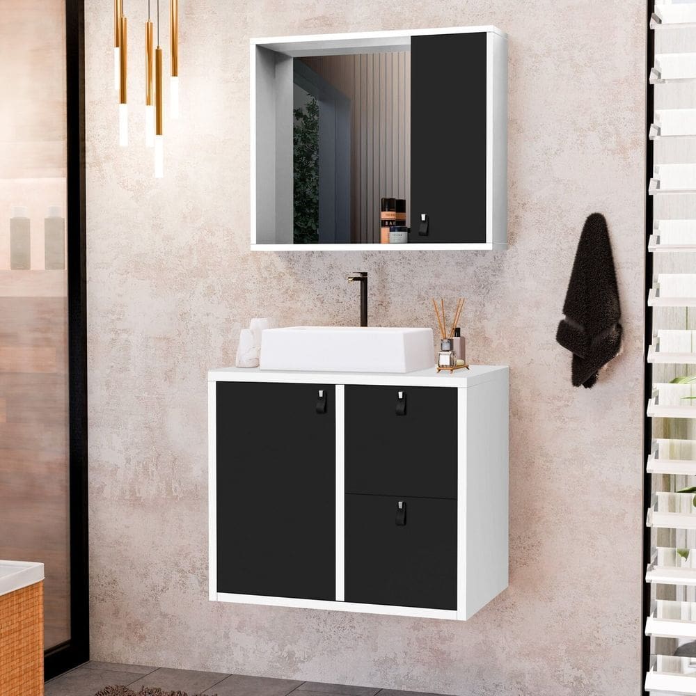 Conjunto Gabinete para Banheiro com Cuba Sobrepor e Espelheira Toro 60 Branco/Preto