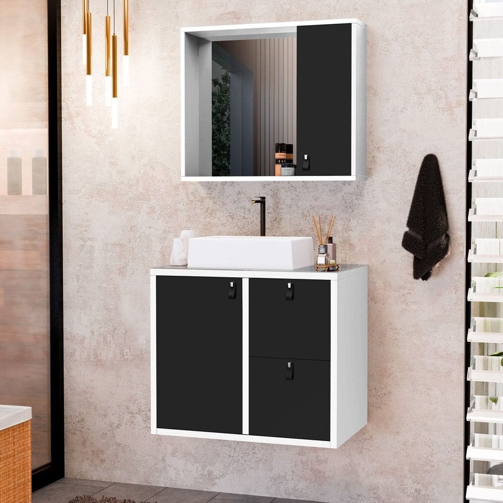 Conjunto Gabinete para Banheiro com Cuba Sobrepor e Espelheira Toro 60 Cm com Vidro Branco / Preto Fosco