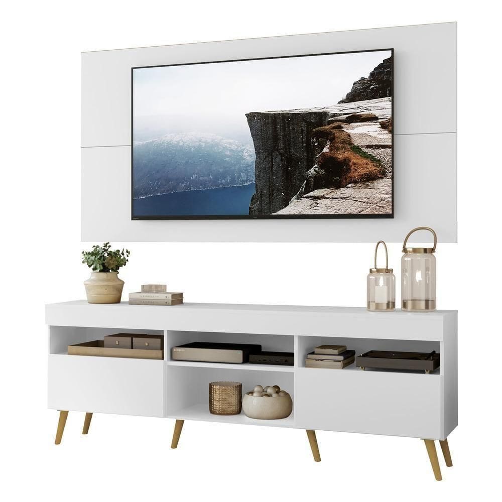 Rack Com Painel Tv 65” Retrô Londres Multimóveis V3337 Branco/Natural Branco/Natural