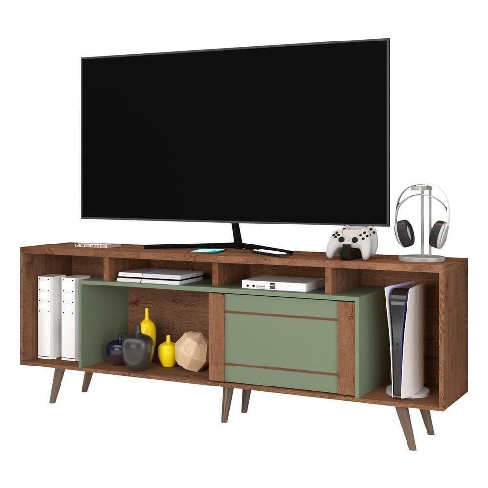 Rack Tv Até 75” Com 1 Porta E Pés Retrô Multimóveis Freijó Rústico-green Freijó Rústico-green