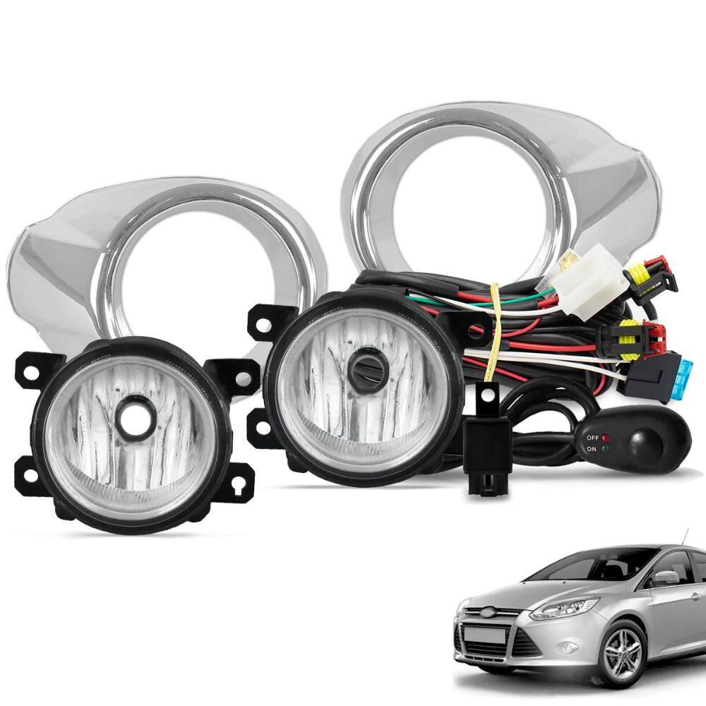 Kit Farol de Milha Focus 2014 2015 Botão Universal e Moldura Cromada