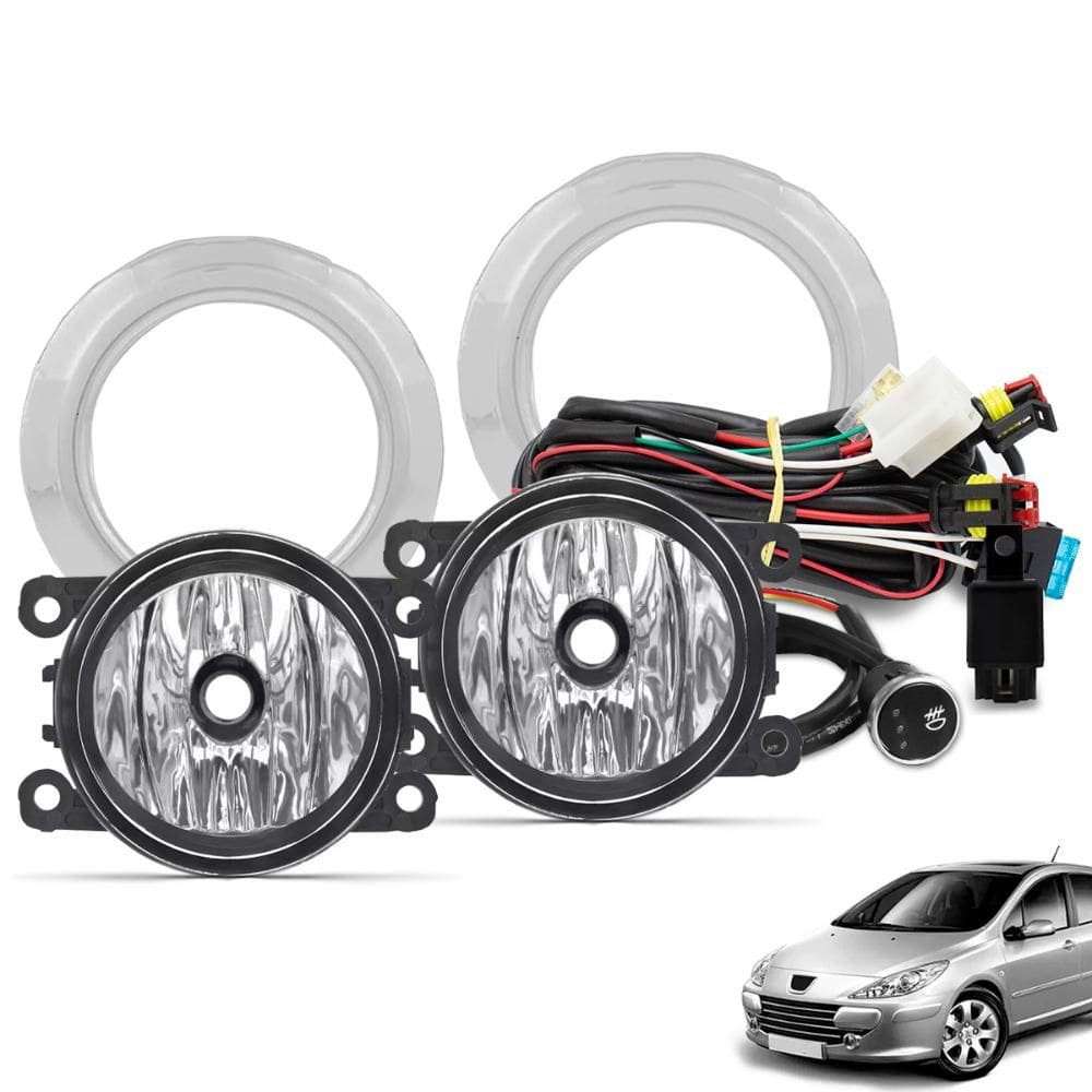 Kit Farol de Milha Peugeot 307 2006 a 2012 Botão Touch e Moldura Cromada