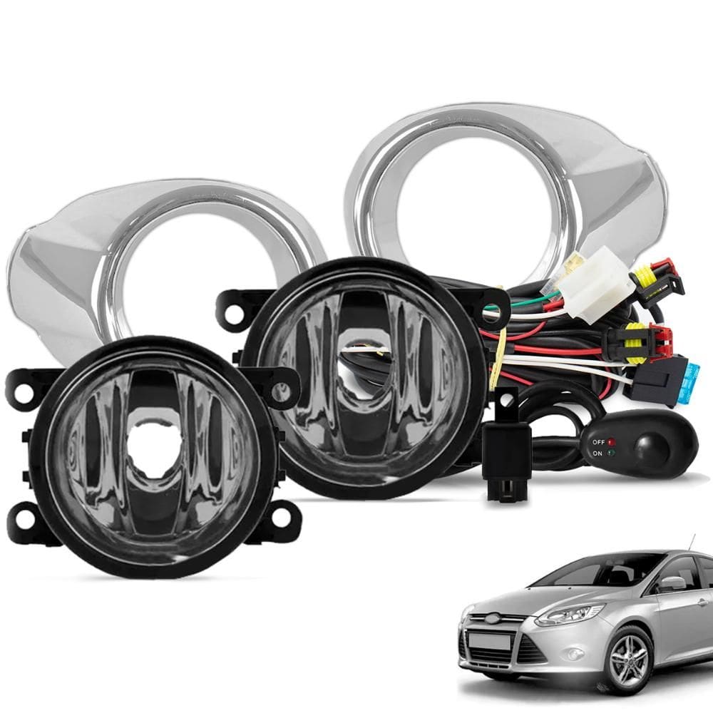 Kit Farol de Milha Focus 2014 2015 Botão Universal e Moldura Cromada