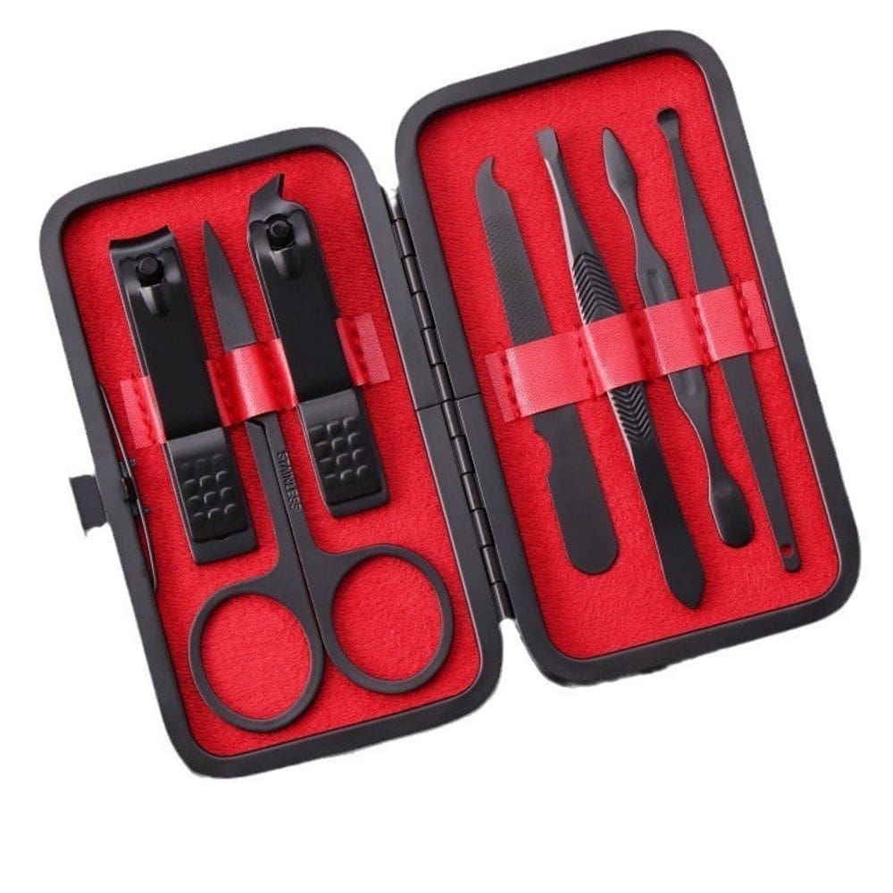 Kit Cortador de Unha Portátil em Aço Inox - Manicure Estojo Preto Masculino Cuticula Tesoura 7 Peças