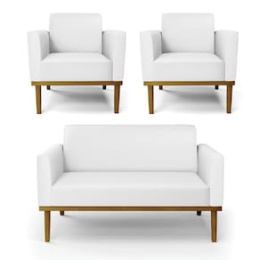 Conjunto 2 Poltronas E 1 Namoradeira Decorativa Pés Fixo Em Madeira Castanho Pu Branco