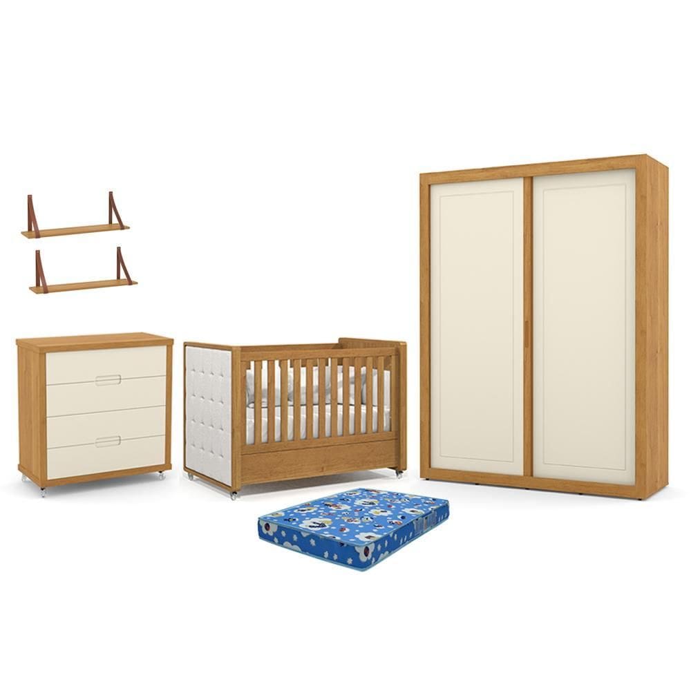 Dormitório Tutto 2 Portas, Cômoda, Berço com Capitonê, Colchão Physical e Prateleiras - Matic Móveis