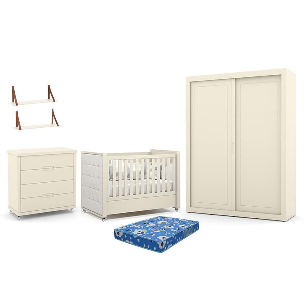 Dormitório Tutto 2 Portas, Cômoda, Berço com Capitonê, Colchão Physical e Prateleiras - Matic Móveis