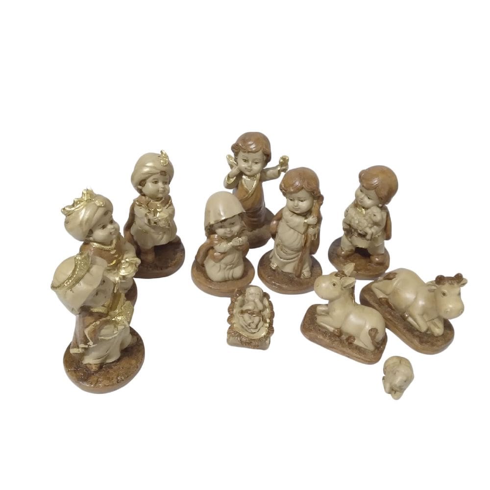 Presépio Natalino Infantil Marrom Miniatura 11 peças Gesso