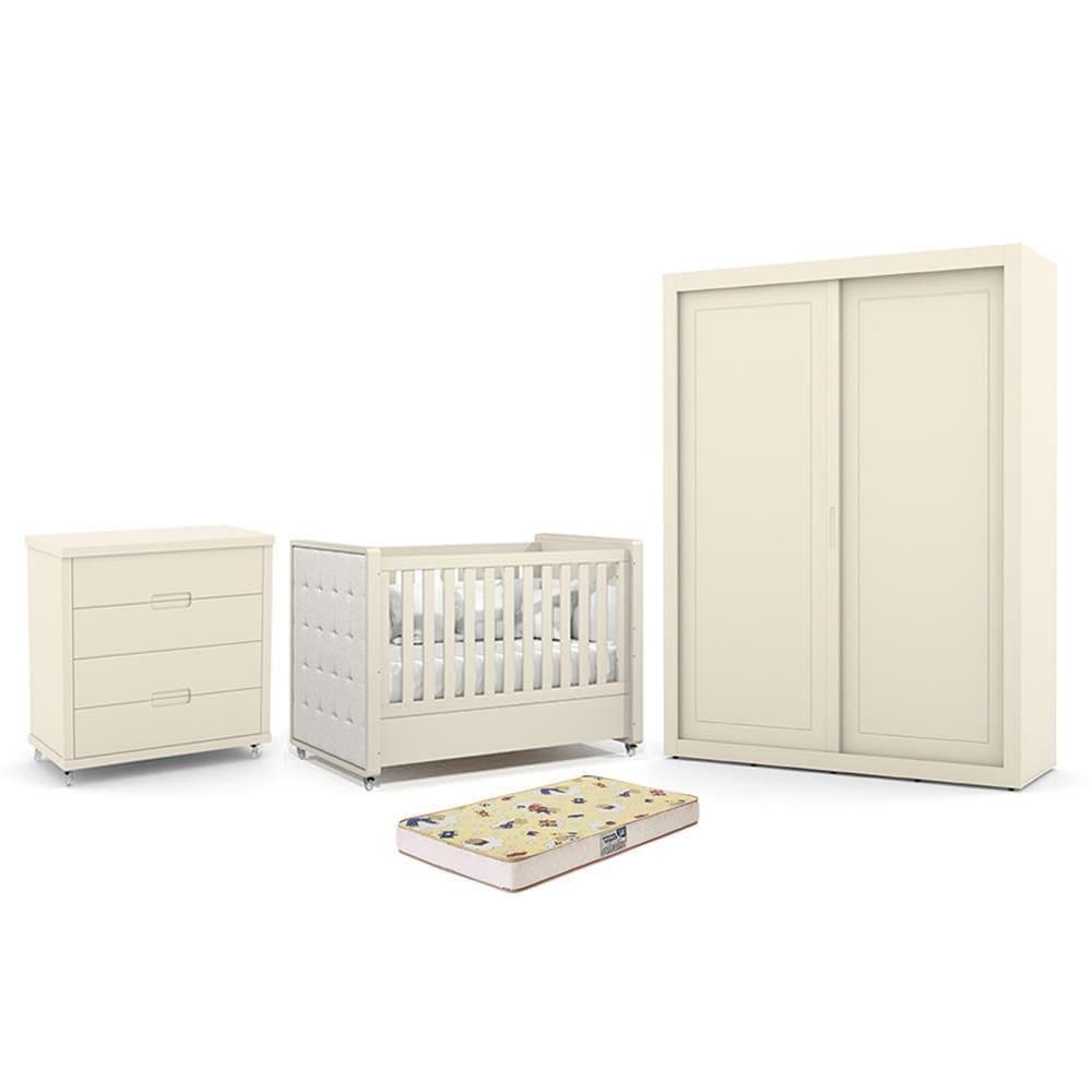 Dormitório Tutto New 2 Portas, Cômoda 4 Gavetas e Berço com Capitonê e Colchão Supreme - Matic Móveis