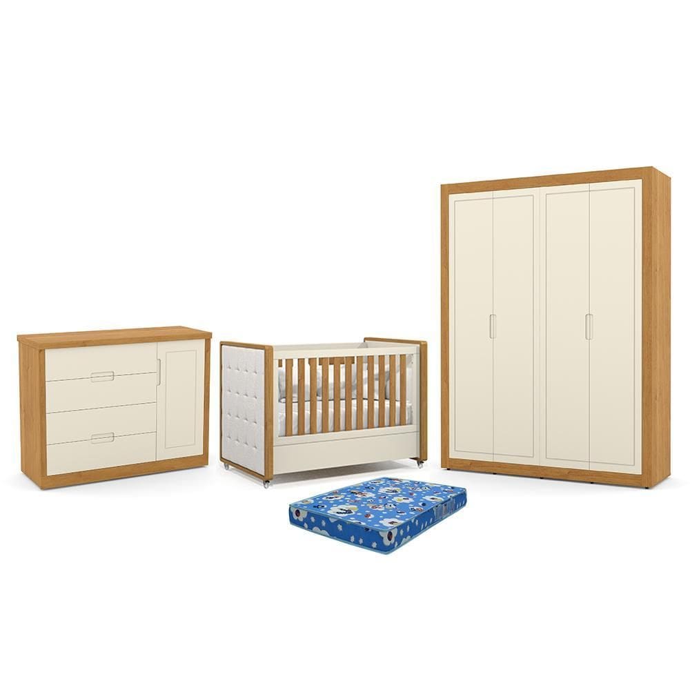Dormitório Tutto New 4 Portas, Cômoda 1 Porta e Berço com Capitonê e Colchão Physical - Matic Móveis
