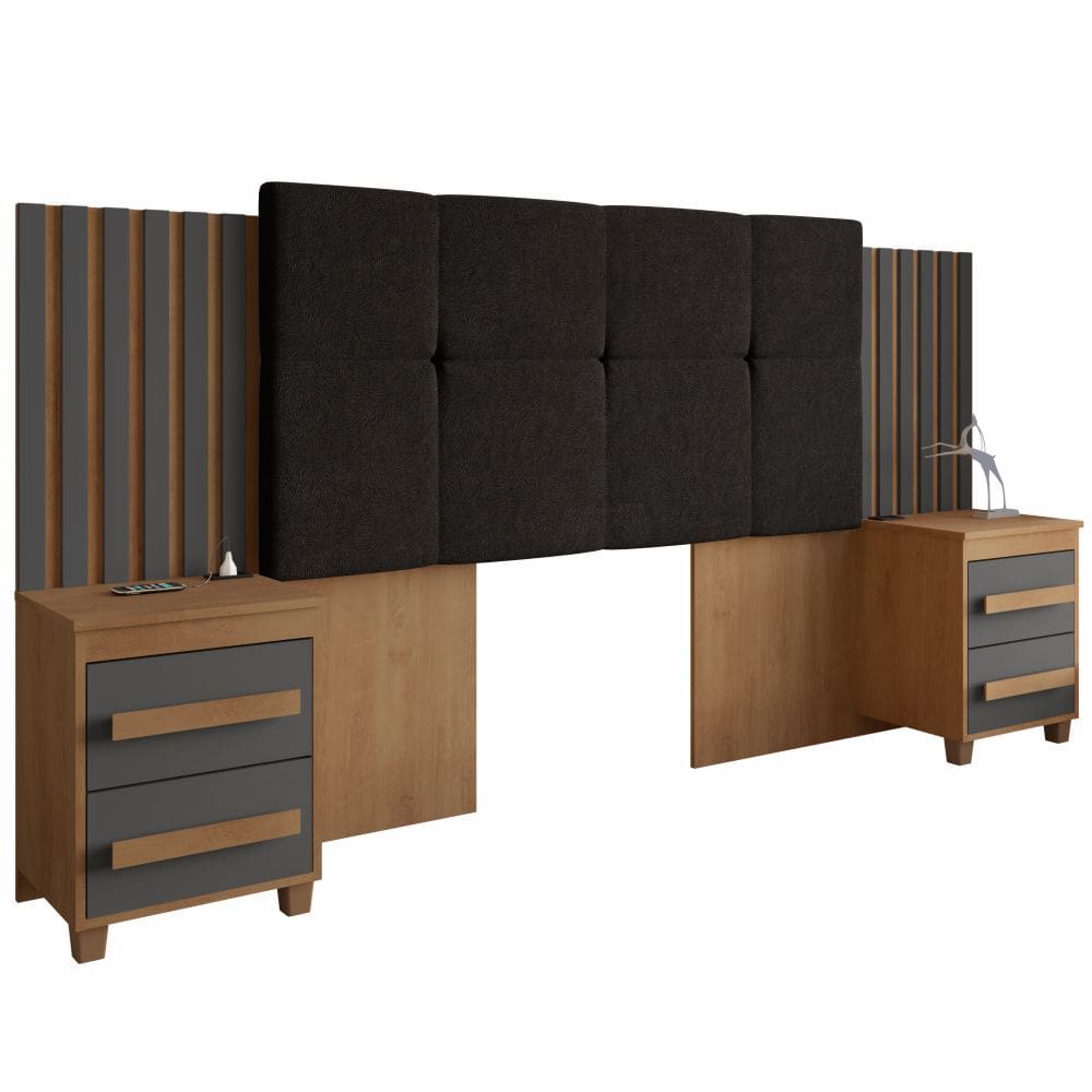 Cabeceira Estofada para cama box casal/Queen/king RV Móveis Suíça com 02 mesas de cabeceira com tomada cinamomo Grafite