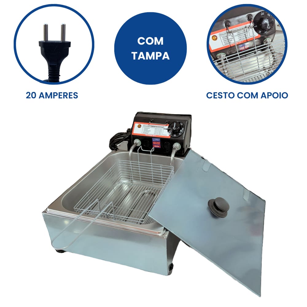 Fritadeira Elétrica Industrial Cuba de 5 Litros - 220v - Desempenho e Praticidade para Sua Cozinha, lanchonete, quiosque, Restaurante - com Tampa