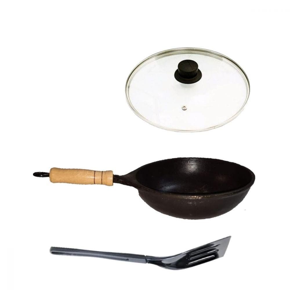Frigideira Wok Antiaderente Cabo Tampa Vidro 32Cm E Espátula