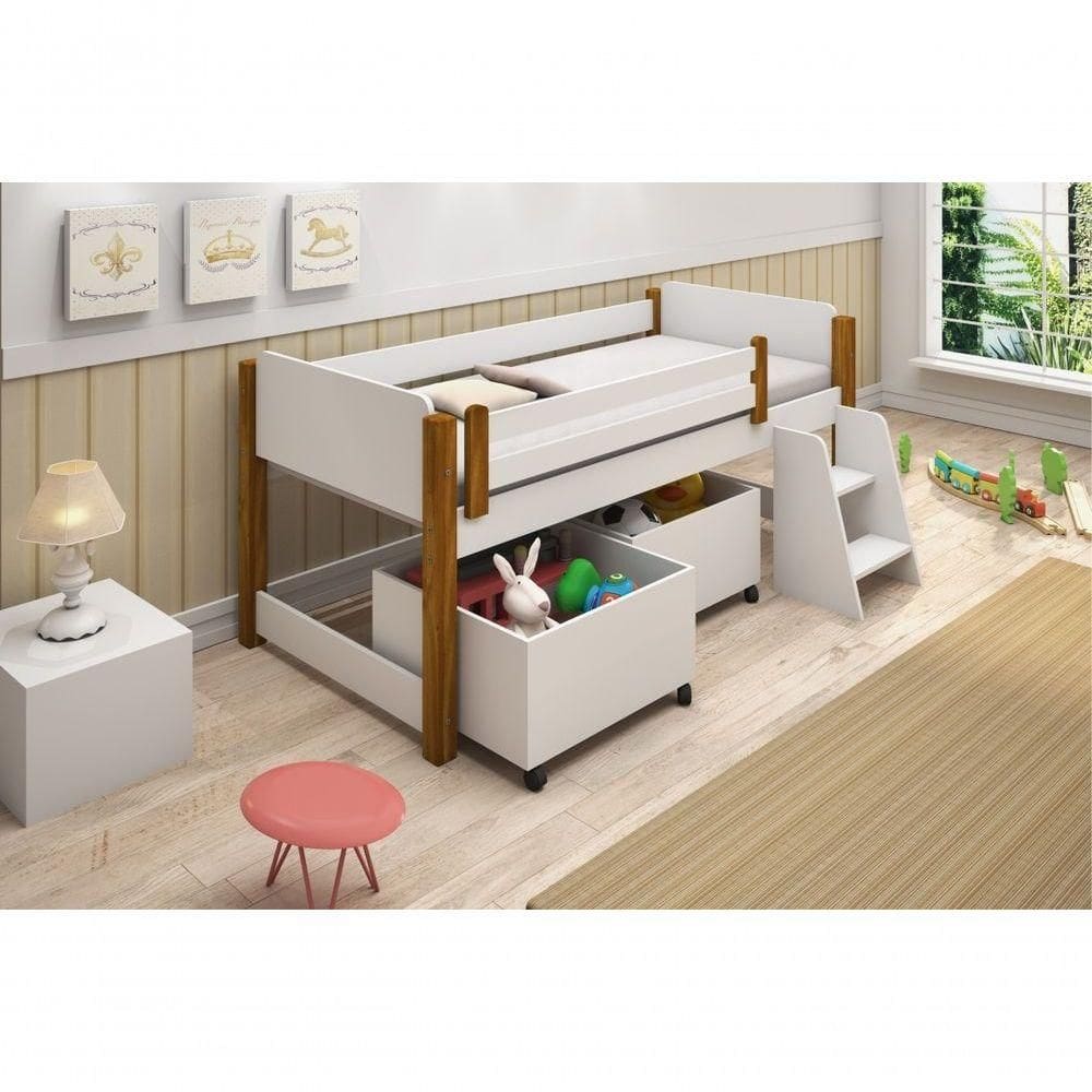 Cama Infantil Alta Mary Com Nichos Para Brinquedos