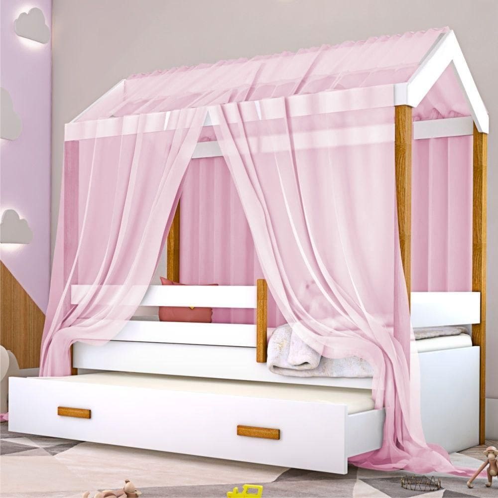 Cama Montessori Cabana Com Auxiliar Solteiro E Dossel Rosa