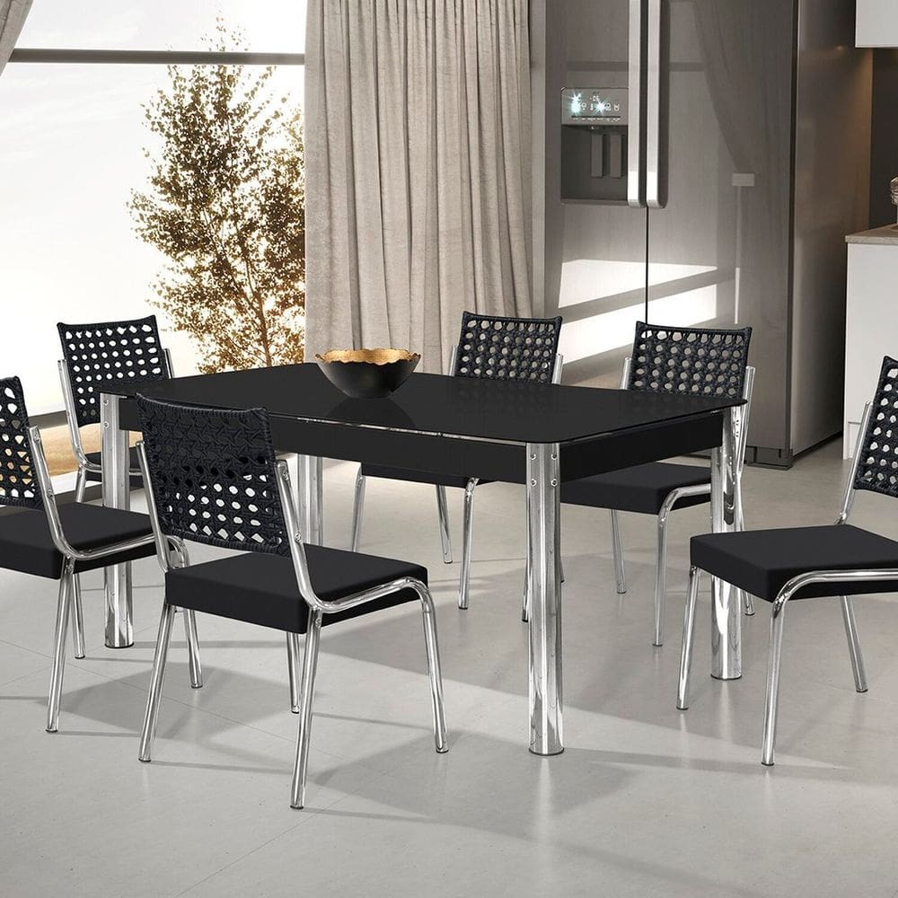 Conjunto Sala de Jantar Mesa Retangular com 6 Cadeiras Natani Cromado/Preto