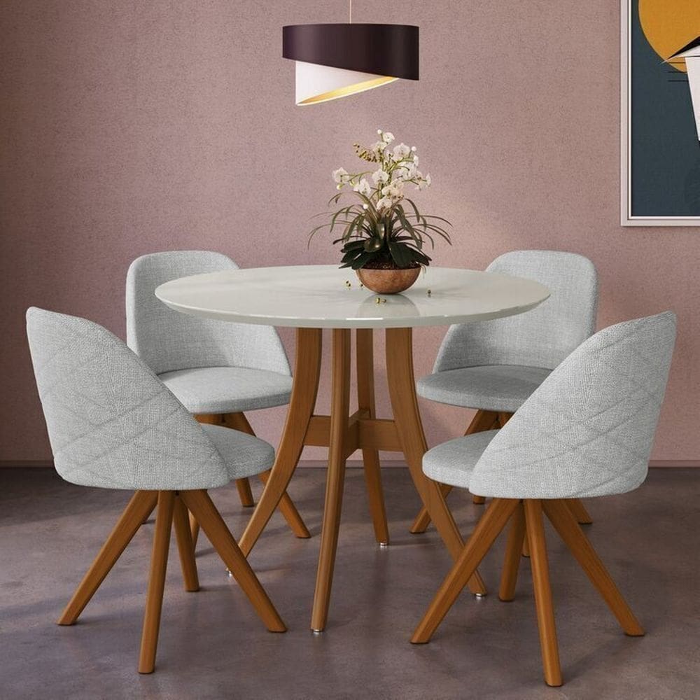Conjunto Sala de Jantar Mesa Redonda com Tampo em Mdf com Vidro Cinza, Pés Madeira Maciça 4 Cadeiras Imbuia /Cinza Claro