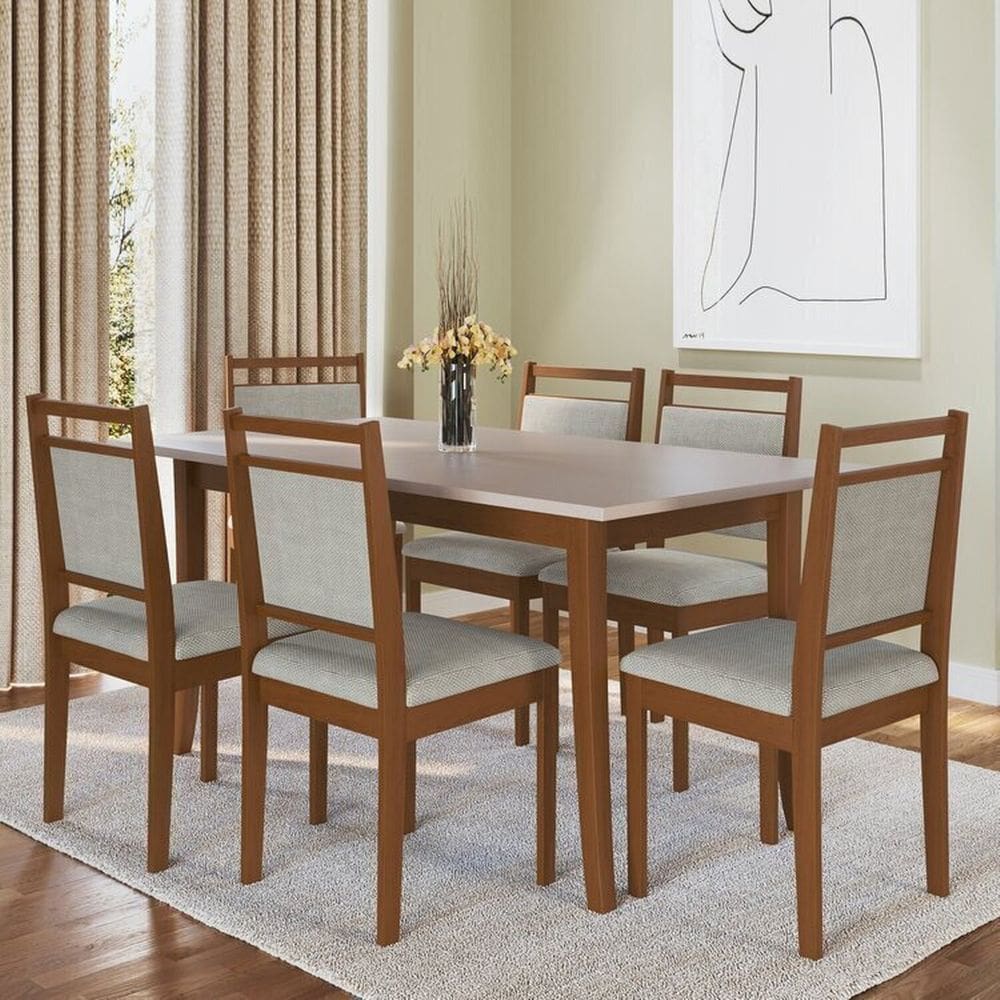 Conjunto Sala Jantar Mesa Tampo Bp Pés Madeira Maciça 6 Cadeiras Madeira Imbuia /Cinza Claro