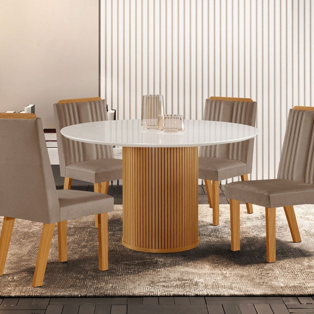 Conjunto de Jantar Mesa Dara 1,10 X 1,10 Tampo Mdf/vidro com 4 Cadeiras Florença Castanho Cinamomo / Capuccino / Off White
