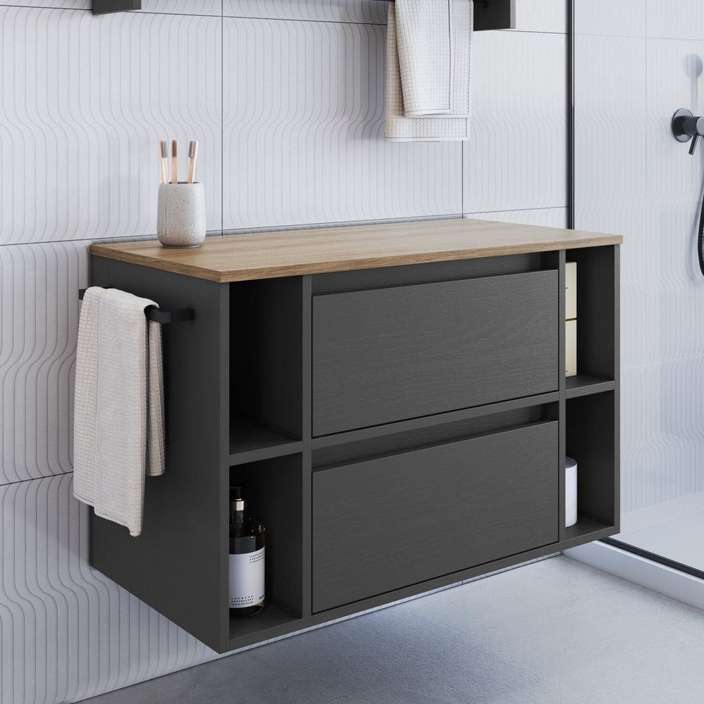 Gabinete de Banheiro Suspenso 80cm com 4 Nichos 1 Toalheiro 1 Porta 1 Gaveta Bh8010 Mel/Grafite