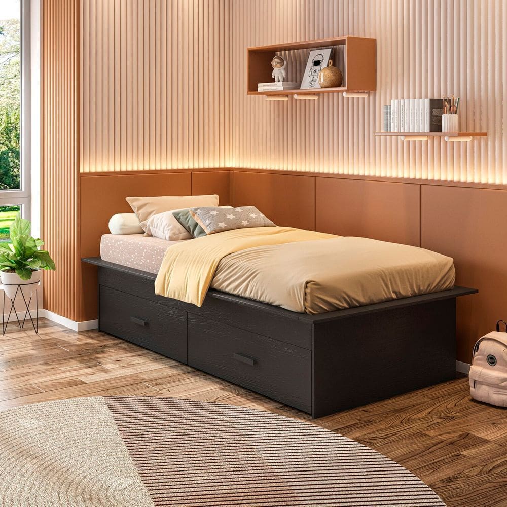 Cama Box Juvenil Solteiro com 2 Gavetas Deva Yescasa Preto