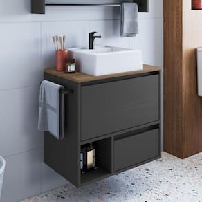 Gabinete de Banheiro Suspenso 60cm com 1 Nicho 1 Toalheiro 1 Porta e 1 Gaveta com Cuba Mel/Grafite