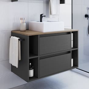Gabinete de Banheiro Suspenso 80cm com 4 Nichos 1 Toalheiro 1 Porta 1 Gaveta Bh8010 com Cuba Mel/Grafite