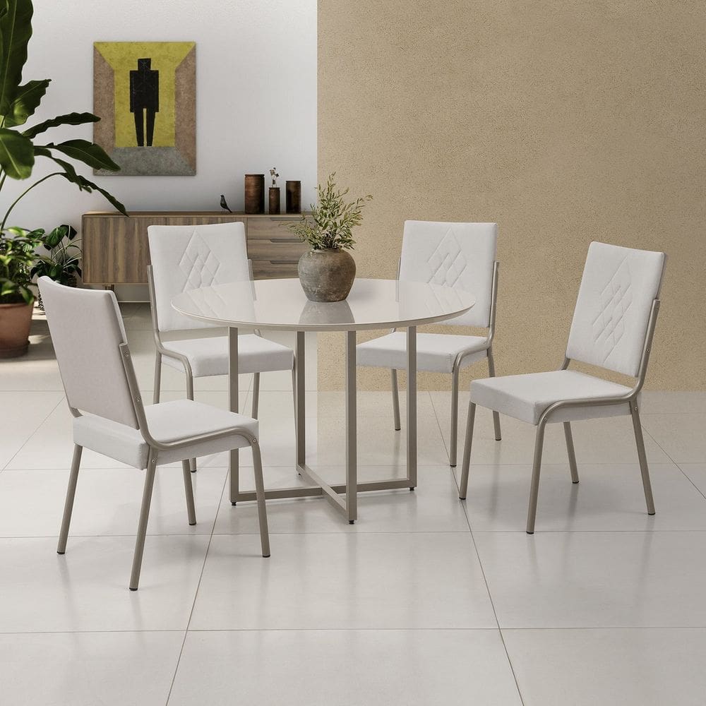 Conjunto Sala de Jantar Mesa em Mdf com Vidro 4 Cadeiras Moscou Cinza/Bege